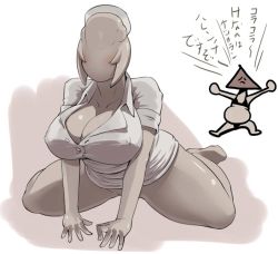  1girl blush breasts bubble_head_nurse cleavage covered_erect_nipples curvy faceless hat hip_focus huge_breasts monster_girl nipples no_eyes nurse nurse_(silent_hill) nurse_cap plump pyramid_head sashizume_soutarou silent_hill thick_thighs thighs translation_request wide_hips  rating:Questionable score:93 user:Lagiacrus