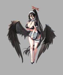  1girl :o absurdres alternate_costume bikini bikini_top_only black_bikini black_footwear black_hair black_skirt black_wings blue_archive breasts bridal_garter collar commentary detached_collar feathered_wings floating_hair frilled_collar frilled_sleeves frills full_body grey_background hair_between_eyes halo hand_on_own_chest hasumi_(blue_archive) high_ponytail highres holding holding_tray large_breasts large_wings long_hair looking_at_viewer low_wings maid_headdress miniskirt o-ring o-ring_bikini o-ring_top parted_lips red_eyes red_halo shoes short_sleeves shrug_(clothing) simple_background skirt solo standing swimsuit symbol-only_commentary tray underboob very_long_hair white_wrist_cuffs wings wrist_cuffs young999999990 