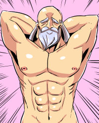  1boy abs april_fools armpits arms_behind_head arms_up beard commentary_request emphasis_lines etrian_odyssey facial_hair facing_viewer grey_hair male_focus monk_3_(sekaiju) mustache naga_u navel nude out-of-frame_censoring pink_background simple_background upper_body 