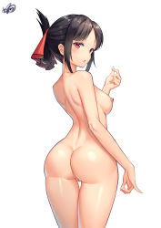1girl absurdres ass black_hair blue_sky blush breasts cleft_of_venus closed_mouth commentary_request completely_nude cowboy_shot folded_ponytail from_behind hair_ribbon highres kaguya-sama_wa_kokurasetai_~tensai-tachi_no_renai_zunousen~ looking_at_viewer looking_back medium_breasts nipples nude parted_bangs pussy red_eyes red_ribbon ribbon shinomiya_kaguya short_hair sidelocks signature simple_background sky smile solo thigh_gap uncensored white_background wide_hips xiaoxi0619 rating:Explicit score:156 user:danbooru