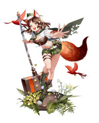  +_+ 1girl :d absurdres animal_ear_fluff animal_ears animal_on_arm belt belt_pouch bird black_socks bodice boots breasts bright_pupils brown_belt brown_hair button_gap cape cleavage cropped_shirt cross-laced_footwear faux_figurine floating_hair flower fold-over_boots foot_up fox_ears fox_girl fox_tail full_body garrison_cap green_cape green_hat green_skirt grey_footwear hair_flower hair_ornament hammer hat highres holding holding_hammer huge_weapon kelezi knee_boots kneehighs lace-up_boots leaning_forward lily_of_the_valley lizard looking_at_viewer medium_breasts medium_hair miniskirt navel open_hand open_mouth orange_eyes orange_tail original outstretched_arm outstretched_hand partially_unbuttoned pleated_skirt pouch puffy_short_sleeves puffy_sleeves red_bird shirt short_sleeves skirt smile socks solo standing standing_on_one_leg stomach tail teeth thigh_belt thigh_strap torn_cape torn_clothes upper_teeth_only v-shaped_eyebrows war_hammer weapon white_background white_belt white_flower white_pupils white_shirt yellow_flower 