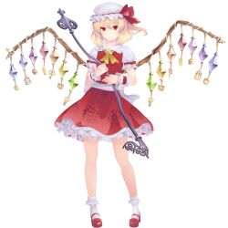  1girl alternate_wings ascot back_bow bobby_socks bow closed_mouth collared_shirt crystal flandre_scarlet frilled_shirt_collar frilled_skirt frills full_body hair_between_eyes hat hat_ribbon holding holding_polearm holding_weapon kenta-sagara laevatein_(touhou) large_bow looking_at_viewer mary_janes mob_cap multicolored_wings polearm print_skirt puffy_short_sleeves puffy_sleeves red_footwear red_ribbon red_skirt red_vest ribbon shirt shoes short_sleeves skirt skirt_set sleeve_ribbon socks solo touhou vest weapon white_background white_bow white_hat white_shirt white_socks wings yellow_ascot 