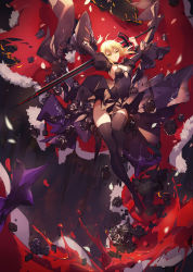 1girl arms_up artoria_pendragon_(all) artoria_pendragon_(fate) atdan black_dress black_flower black_rose black_thighhighs blonde_hair blood breasts choker cleavage dress excalibur_morgan_(fate) fate/grand_order fate/stay_night fate_(series) flower highres looking_at_viewer md5_mismatch medium_breasts puffy_sleeves resolution_mismatch rose saber_(fate) saber_alter skirt sleeveless sleeveless_dress smile solo sword thighhighs weapon wide_sleeves yellow_eyes rating:Sensitive score:17 user:danbooru