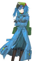  1girl absurdres adapted_costume aesur_a backpack bag black_gloves blue_coat closed_mouth coat commentary crossed_arms flat_cap frown gloves green_hat hair_bobbles hair_ornament hat highres kawashiro_nitori long_sleeves looking_to_the_side pocket skirt solo touhou two_side_up 