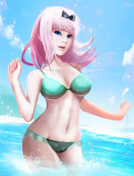  1girl absurdres bathing beach blue_eyes creamykisses formal fujiwara_chika highres kaguya-sama_wa_kokurasetai_~tensai-tachi_no_renai_zunousen~ nude pink_hair pinup_(style) swimsuit water  rating:Questionable score:5 user:CreamyKisses