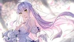  1girl alternate_costume bison_cangshu blunt_bangs bouquet breasts bridal_veil bride cleavage cross cross_necklace detached_sleeves dress elbow_gloves facial_mark flower girls&#039;_frontline gloves green_eyes highres hk416_(girls&#039;_frontline) holding holding_bouquet jewelry large_breasts long_hair looking_at_viewer necklace petals puffy_detached_sleeves puffy_sleeves ring strapless strapless_dress teardrop teardrop_facial_mark teardrop_tattoo tiara upper_body veil wedding_dress wedding_ring white_dress white_gloves 