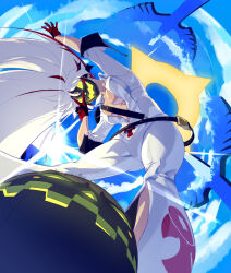  1girl ankh_print ball_and_chain_restraint bell-bottoms black_gloves blizzardingpike bodysuit borcheim breasts spiked_halo dorpos front_slit gloves glowing_mouth green_eyes grey_mask guilty_gear guilty_gear_xrd hair_between_eyes halo highres jack-o&#039;_valentine large_breasts long_hair long_sleeves looking_at_viewer multicolored_hair open_mouth pants pumpkin_mask red_hair skull_belt two-tone_hair white_bodysuit white_hair  rating:General score:4 user:danbooru