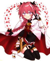  1boy amehara armored_skirt astolfo_(fate) bad_anatomy black_bow black_garter_straps black_gloves black_shirt black_thighhighs blush boots bow braid cape closed_mouth eyelashes fang fate/apocrypha fate_(series) fur-trimmed_cape fur_trim garter_straps gauntlets gloves hair_between_eyes hair_bow hair_intakes highres hip_armor horn_(instrument) kneeling long_braid long_hair male_focus multicolored_hair petals pink_hair purple_eyes red_petals rose_petals shirt single_braid skin_fang smile solo streaked_hair thighhighs trap two-sided_cape two-sided_fabric two-tone_hair v white_background white_cape white_footwear white_hair 