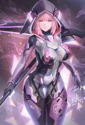  1girl absurdres armor artist_name ayla:_brilliance_(aster_hare)_(punishing:_gray_raven) ayla:_brilliance_(punishing:_gray_raven) ayla_(punishing:_gray_raven) bodysuit braid breasts covered_navel dated glowing highres hood hood_up large_breasts looking_at_viewer pink_eyes pink_hair punishing:_gray_raven qnzy scythe short_hair side_braid skin_tight solo  rating:Sensitive score:29 user:danbooru