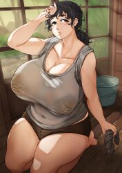  1girl black_eyes black_hair blush breasts cleavage covered_erect_nipples dark_nipples housewife huge_breasts large_areolae mature_female mole mole_under_mouth nipples original plump seiza shirt sitting solo sweat tank_top toshi_(8868750) wet wet_clothes wet_shirt 