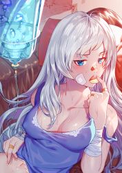 1girl bandaged_arm bandages bandaid bandaid_on_face bare_shoulders blue_eyes blush breasts cleavage clothes_lift covered_erect_nipples eating fingernails highres indoors intravenous_drip long_fingernails long_hair looking_at_viewer medium_breasts navel rwby scar scar_across_eye scar_on_face shiny_skin shirt_lift solo sweat wangxiii weiss_schnee white_hair rating:Sensitive score:96 user:danbooru
