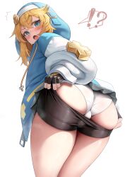 !? 1boy ^^^ absurdres ass ass_focus bad_id bad_pixiv_id bike_shorts bike_shorts_pull blonde_hair blue_eyes blue_hoodie blush bridget_(guilty_gear) bulge commentary_request cowboy_shot drawstring fingerless_gloves from_behind gloves guilty_gear guilty_gear_strive hakusyokuto highres hood hoodie long_sleeves looking_at_viewer looking_back male_focus nervous_sweating open_mouth panties simple_background solo spoken_interrobang surprised sweat taking_off tareme thighs trap underwear v-shaped_eyebrows white_background white_panties rating:Questionable score:109 user:danbooru