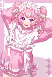  1girl alternate_costume alternate_hairstyle aozora_himari braid commentary_request cowboy_shot double_bun frilled_jacket frills hair_bun hairband hands_up highres himitsu_no_aipri jacket lolita_hairband long_hair long_sleeves looking_at_viewer moukinui open_mouth pink_background pink_footwear pink_hair pink_jacket pretty_series puffy_long_sleeves puffy_sleeves purple_eyes shoes sleeves_past_wrists smile solo standing standing_on_one_leg tenshi_kaiwai twin_braids white_hairband 