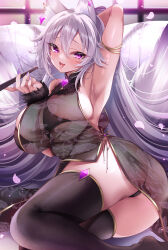  1girl absurdres akatsuki_(aktk511) animal_ears arm_up armpits black_bra black_dress black_panties black_thighhighs blush bra breasts china_dress chinese_clothes commentary_request dress fox_ears gem grey_hair hair_between_eyes hand_fan highres holding holding_fan large_breasts long_hair looking_at_viewer open_mouth original panties purple_eyes see-through see-through_dress skindentation thighhighs tongue tongue_out underwear very_long_hair 