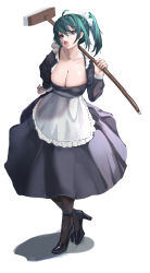  1girl absurdres ahoge angry apron black_dress black_footwear black_pantyhose blue_eyes breasts cleavage crossed_ankles dress frilled_apron frills full_body green_hair hair_between_eyes hand_on_own_hip highres large_breasts leaning_forward long_sleeves looking_at_viewer maid medium_hair nnn_(nonightnomad) open_mouth original pantyhose ponytail solo square_neckline strappy_heels waist_apron white_apron 