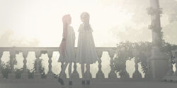  2girls :d ^_^ black_bow black_footwear bow braid chihuri closed_eyes commentary_request ende_(chihuri) facing_another from_behind grey_hair hair_between_eyes hair_bow hair_intakes highres jacket long_hair looking_at_another multiple_girls nea_(chihuri) open_mouth original pantyhose pink_hair plant profile shoes smile socks standing sunlight very_long_hair white_jacket white_pantyhose white_socks 
