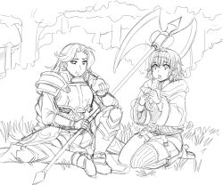  2girls :t apple armor ashley_(poison_pink) axe banana crossover eating fire_emblem fire_emblem:_path_of_radiance food fruit greaves greyscale hair_intakes huge_weapon kekekeke long_hair monochrome multiple_girls nintendo pauldrons poison_pink seiza short_hair shoulder_armor single_thighhigh sitting sketch thighhighs titania_(fire_emblem) vambraces weapon 