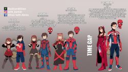  1boy 1girl avengers_(series) bodysuit boku_no_hero_academia boots breasts brown_hair capelet character_profile character_sheet cleavage ducklordethan gloves hood horikoshi_kouhei_(style) jacket jewelry leotard long_hair marvel mask medium_breasts necklace aged_up peter_parker red_eyes scarlet_witch shirt short_hair silk smile spider-man spider-man_(series) spider_web superhero_costume thighhighs variations aged_down  rating:Sensitive score:36 user:godgundam52