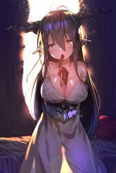 10s 1girl absurdres antenna_hair arms_at_sides black_hair breasts cleavage covered_erect_nipples danua draph dress granblue_fantasy hair_between_eyes heart heart-shaped_pupils highres horn_ornament horns jewelry large_breasts light_particles long_hair looking_at_viewer pointy_ears red_eyes sleeveless sleeveless_dress solo symbol-shaped_pupils valentine white_dress yueqin_(monnpiano) rating:Explicit score:21 user:buster2222