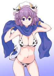  1girl animal_ears animal_print bikini blue_eyes blue_scarf breasts cleavage closed_mouth commentary_request cow_ears cow_horns cow_print cow_print_bikini cow_tail cowboy_shot double-parted_bangs fake_animal_ears fake_horns fake_tail gloves gradient_background hands_up hat highres horns jack_(wkm74959) large_breasts letty_whiterock light_smile looking_at_viewer navel print_bikini purple_hair scarf short_hair solo standing swimsuit tail touhou white_hat yellow_gloves 