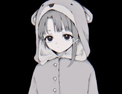  1girl animal_costume asymmetrical_hair bear_costume black_background expressionless greyscale hair_ornament highres iwakura_lain looking_at_viewer monochrome serial_experiments_lain short_hair simple_background single_sidelock solo x_hair_ornament yuyuyuyhz 