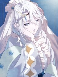  1girl alpaca_connect apron blue_background braid breasts curtained_hair eyeshadow frilled_apron frilled_sleeves frills green_shawl grey_eyes grey_kimono grey_lips hair_between_eyes hair_over_shoulder hand_on_own_face highres horn_ornament horns japanese_clothes jitome kimono large_breasts long_hair long_sleeves maid maid_apron maid_headdress makeup obi parted_lips purple_eyeshadow sash satono_omo shippou_(pattern) sideways_glance single_braid single_horn single_sidelock snowflake_print solo upper_body wa_maid white_apron white_hair white_veil wide_sleeves 