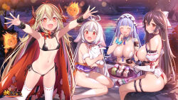 4girls animal_ears antenna_hair armpits arms_up ass bare_shoulders belt bikini bikini_skirt black_bikini black_choker black_hair blonde_hair blurry bokeh bonnet bow breasts cape character_request choker demon_horns depth_of_field detached_collar detached_sleeves fang floppy_ears front-tie_bikini_top front-tie_top hair_bow horns houchi_shoujo juliet_sleeves large_breasts long_hair long_sleeves looking_at_viewer microskirt multiple_belts multiple_girls navel official_art one-piece_swimsuit open_mouth outdoors outstretched_arms popqn puffy_sleeves purple_hair rabbit rabbit_ears red_bikini red_eyes side-tie_bikini_bottom side_slit sideboob sitting skindentation skirt small_breasts smile star-shaped_pupils star_(symbol) stomach string_bikini swimsuit symbol-shaped_pupils thigh_strap thighhighs thighs very_long_hair water white_bikini white_hair white_headwear white_one-piece_swimsuit white_skirt white_thighhighs wristband rating:Sensitive score:40 user:danbooru