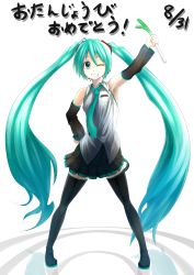  1girl ;d aqua_eyes aqua_hair arm_up boots dated detached_sleeves grin happy_birthday hatsune_miku hatsune_miku_(vocaloid3) headset highres long_hair necktie one_eye_closed open_mouth skirt smile solo soruto spring_onion thigh_boots thighhighs twintails very_long_hair vocaloid white_background wink 
