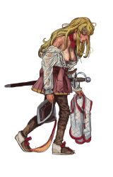  1girl blonde_hair breasts helmet highres medium_breasts mossacannibalis shirt skirt spaniard sunburn sweat sweaty_clothes sword tongue tongue_out vest weapon wet wet_clothes 