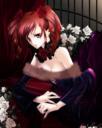 1girl amy_sorel bare_shoulders breasts choker cleavage coco_(eccentricrouge) detached_sleeves drill_hair female_focus flower fur_trim gothic_lolita hair_flower hair_ornament lace lolita_fashion nail_polish red_eyes red_hair rose solo soul_calibur soulcalibur soulcalibur_iv twin_drills twintails rating:Questionable score:19 user:twilight_jester