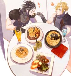  2b_fff 2boys armor black_gloves black_hair blonde_hair blue_eyes blue_shirt closed_eyes cloud_strife cocktail_glass cup drinking_glass earrings feeding final_fantasy final_fantasy_vii food from_above gloves hair_between_eyes hair_slicked_back holding holding_spoon jewelry male_focus multiple_boys plate shirt short_hair shoulder_armor sideburns single_bare_shoulder single_earring single_shoulder_pad sleeveless sleeveless_turtleneck spiked_hair spoon squiggle suspenders table turtleneck upper_body zack_fair 