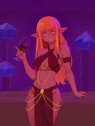  1girl absurdres alcohol armband bare_shoulders black_armband blonde_hair blue_gemstone blunt_bangs blush breasts chain cleavage_cutout clothing_cutout commentary criss-cross_halter cup drink drinking_glass earclip elf english_commentary gem gold_chain halterneck hand_on_table highres hip_focus holding holding_cup holding_drink index_finger_raised light_blush long_hair looking_at_viewer medium_breasts meme_attire midriff navel panties parted_lips pelvic_curtain pointy_ears purple_background serie_(sousou_no_frieren) smaragdus smile solo sousou_no_frieren standing string_panties table underwear wine wine_glass yellow_eyes yomorio_lingerie 