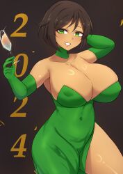  1girl 2024 absurdres alcohol black_background breasts brown_hair challengia champagne_flute clenched_teeth collarbone covered_erect_nipples covered_navel cup dark-skinned_female dark_skin dress drink drinking_glass elbow_gloves evening_gown gloves green_dress green_eyes green_gloves happy happy_new_year highres holding holding_drink honchan large_breasts looking_at_viewer mistynight nchans nchans_style new_year open_mouth revealing_clothes short_hair simple_background solo teeth text_focus 