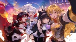  4girls ;d amusement_park animal balloon black_hair blake_belladonna blonde_hair blue_eyes breasts cape carousel closed_mouth commentary dog ein_lee end_card ferris_wheel highres holding holding_animal holding_balloon holding_dog ice_cream_cone large_breasts long_hair looking_at_another looking_at_food looking_at_viewer medium_breasts multiple_girls official_art one_eye_closed open_mouth ponytail purple_eyes red_cape red_hair red_hood ruby_rose rwby rwby_ice_queendom scar scar_across_eye second-party_source selfie short_hair short_shorts shorts signature smile surprised teeth tongue tongue_out v weiss_schnee welsh_corgi white_hair yang_xiao_long yellow_eyes zwei_(rwby) 