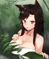 1girl animal_ear_fluff animal_ears bad_id bad_pixiv_id bare_shoulders black_hair blush breasts cleavage collarbone commentary_request hand_on_own_chest imaizumi_kagerou large_breasts long_hair looking_at_viewer open_mouth outdoors plant red_eyes sidelocks solo strapless suminagashi sweat touhou tube_top upper_body wolf_ears rating:Sensitive score:8 user:danbooru