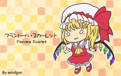  1girl :3 artist_name ascot bobby_socks character_name chibi closed_mouth collared_shirt crystal english_text flandre_scarlet frilled_shirt_collar frilled_skirt frills full_body hat hat_ribbon mary_janes mob_cap multicolored_wings puffy_short_sleeves puffy_sleeves red_footwear red_ribbon red_skirt red_vest ribbon shirt shoes short_sleeves simple_background skirt sleeve_ribbon socks solid_circle_eyes solo touhou vest white_hat white_shirt white_socks windgun wings yellow_ascot yellow_background 