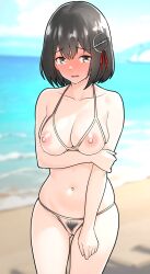  1girl alternate_costume beach bikini black_hair blue_sky blurry blurry_background breasts brown_eyes cleft_of_venus crotchless crotchless_bikini cupless_bikini day embarrassed female_pubic_hair furaggu_(frag_0416) gold_bikini haguro_(kancolle) hair_ornament highres kantai_collection large_breasts nipples ocean outdoors pubic_hair pussy short_hair sky solo standing swimsuit uncensored 