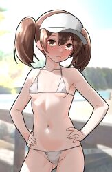1girl bikini breasts brown_eyes brown_hair commentary_request contrapposto cowboy_shot furaggu_(frag_0416) hands_on_own_hips hat highres kantai_collection long_hair micro_bikini navel petite photo_background ryuujou_(kancolle) small_breasts solo swimsuit twintails visor_cap white_bikini white_hat rating:Sensitive score:41 user:danbooru