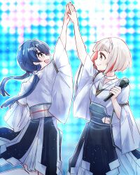  2girls arms_up black_skirt blue_background blue_eyes blue_hair blurry blurry_background bob_cut closed_mouth colored_inner_hair commentary dark_blue_hair diagonal_bangs dollchestra grey_hair hairband high_five highres holding holding_microphone inverted_bob kanduki_kamibukuro light_particles link!_like!_love_live! long_hair looking_at_another looking_up love_live! low_twintails microphone mirage_voyage_(love_live!) multicolored_hair multiple_girls murano_sayaka official_alternate_costume open_mouth outline profile red_hair shirt short_hair skirt sleeves_past_elbows smile streaked_hair sweat twintails virtual_youtuber white_hairband white_outline white_shirt yellow_eyes yugiri_tsuzuri 