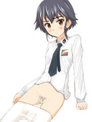  10s 1girl bad_id bad_pixiv_id black_hair blush braid breasts brown_eyes cleft_of_venus clothes_pull female_pubic_hair girls_und_panzer necktie pantyhose pantyhose_pull pepperoni_(girls_und_panzer) pubic_hair pussy short_hair single_braid small_breasts solo takafumi uncensored uniform white_background white_pantyhose  rating:Explicit score:55 user:danbooru
