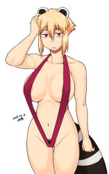 1girl animal_ears araiguma-san areola_slip blonde_hair breasts covered_erect_nipples dated female_pubic_hair hair_between_eyes jitome large_breasts looking_at_viewer navel one-piece_swimsuit original pubic_hair raccoon_ears raccoon_tail red_eyes red_one-piece_swimsuit short_hair sidelocks slingshot_swimsuit solo standing swimsuit tail thigh_gap tsukudani_(coke-buta) white_background rating:Questionable score:25 user:danbooru