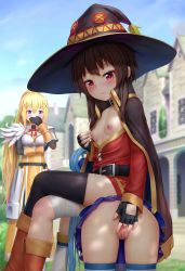 3girls age_difference aki99 anus aqua_(konosuba) ass belt belt_collar black_legwear blonde_hair blue_hair blurry blush boots breasts breasts_out brown_hair cape clothes_lift collar covering_own_mouth crossed_legs darkness_(konosuba) depth_of_field dilation_tape femdom fingering hand_over_own_mouth hat heart heart-shaped_pupils highres human_chair human_furniture kono_subarashii_sekai_ni_shukufuku_wo! loli megumin multiple_girls nipple_stimulation nipple_tweak nipples no_panties onee-loli outdoors ponytail pussy revision short_hair short_hair_with_long_locks sitting sitting_on_person skirt skirt_lift small_breasts smile spread_pussy symbol-shaped_pupils tape thighhighs uncensored vaginal witch_hat yuri rating:Explicit score:581 user:danbooru