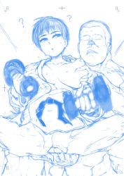  1boy 1girl ? akatsuki_katsuie blue_theme confused covered_navel cowboy_shot dougi exercising expressionless faceless faceless_male grabbing grabbing_another&#039;s_breast groping highres karate_gi monochrome nipples open_mouth original sexual_harassment short_hair sketch sweat tomboy weightlifting 