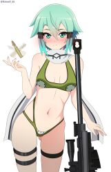  1girl absurdres anti-materiel_rifle bare_arms bare_shoulders blush bolt_action breasts bullet cleft_of_venus commentary cowboy_shot english_commentary fingernails frown gluteal_fold green_eyes green_hair green_panties grey_scarf gun hair_ornament hairclip highres huge_filesize looking_at_viewer medium_breasts navel panties pgm_hecate_ii rifle roswell_ss scarf shiny_skin simple_background sinon sniper_rifle solo standing sword_art_online thigh_strap underwear weapon 