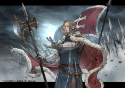  1boy akakokko_(niro_azarashi) arslan_senki beard blue_tunic brown_gloves cape facial_hair fur-trimmed_cape fur_trim gloves grey_hair grey_sky guiscard halberd highres letterboxed long_sleeves male_focus outstretched_arm parted_lips polearm red_cape sky solo spear sword upper_body weapon 
