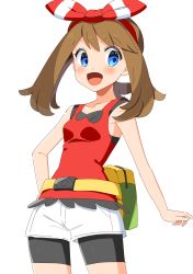  1girl :d absurdres bad_id bad_pixiv_id bike_shorts black_shorts blue_eyes blush bow breasts brown_hair collarbone contrapposto cowboy_shot creatures_(company) game_freak hair_bow hairband hand_on_own_hip highres long_hair may_(pokemon) nintendo open_mouth pokemon pokemon_oras red_hairband red_shirt shirt short_shorts shorts shorts_under_shorts simple_background sleeveless sleeveless_shirt small_breasts smile solo standing striped striped_bow twintails white_background white_shorts yuihico  rating:Sensitive score:6 user:danbooru