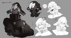  1boy :t artist_name au_ra black_coat black_gloves black_hair black_horns black_sclera blue_eyes chibi chibi_inset closed_mouth coat collared_coat colored_sclera colored_tips commentary_request cropped_torso crossed_arms fang fang_out fangs final_fantasy final_fantasy_xiv gloves grey_background grey_hair high_collar highres horns karuo_(oooruka_cr) long_sleeves looking_at_viewer low_horns male_focus multicolored_hair multiple_views open_mouth partially_colored pout short_hair simple_background smile sparkling_aura spoken_food translation_request twitter_username two-tone_hair upper_body warrior_of_light_(ff14) 