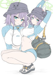  1girl absurdres animal_ears aqua_eyes arms_up bag bikini bikini_bottom_only black_hat blue_archive blue_bikini blue_jacket blush breasts bucket_hat commentary crop_top duffel_bag fake_animal_ears from_side green_halo halo hat highres jacket large_breasts long_sleeves looking_at_viewer masabodo midriff multicolored_clothes multicolored_jacket multiple_views navel official_alternate_costume purple_eyes purple_hair rabbit_ears raglan_sleeves saki_(blue_archive) saki_(swimsuit)_(blue_archive) short_hair simple_background solo squatting_cowgirl_position stomach swimsuit two-tone_jacket white_background white_jacket 