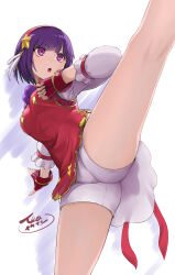  1girl asamiya_athena breasts commentary_request dress feet_out_of_frame fingerless_gloves gloves hair_ornament hairband high_kick highres kicking leg_up long_sleeves looking_to_the_side medium_breasts open_mouth purple_eyes purple_hair red_dress red_gloves red_hairband short_shorts shorts signature solo standing standing_on_one_leg star_(symbol) star_hair_ornament tea_(nakenashi) the_king_of_fighters the_king_of_fighters_xv v-shaped_eyebrows white_background white_shorts 