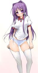 00s 1girl adjusting_clothes adjusting_legwear blush breasts clannad covered_erect_nipples embarrassed female_focus flying_sweatdrops fujibayashi_kyou gradient_background gym_uniform hair_intakes hair_ornament hair_ribbon head_tilt highres hip_focus holding ishikei legs lips long_hair looking_at_viewer nipples no_bra no_pants panties puffy_sleeves purple_eyes purple_hair pussy ribbon see-through shiny_skin short_sleeves simple_background skindentation solo standing striped_clothes striped_panties thigh_gap thighhighs thighhighs_pull thighs third-party_edit uncensored underwear uniform very_long_hair white_background white_thighhighs rating:Explicit score:99 user:danbooru